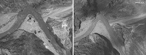 This combination of June 28, 2020, left, and July 6, 2020, satellite images provided by Maxar Technologies shows the Galwan Valley along the disputed border between India and China. June 28 image shows that the Indians had built a wall on their side and the Chinese had expanded an outpost camp at the end of a long road connected to Chinese military bases farther from the poorly defined border, according to experts. July 6 image shows China and India appear to have dismantled recent construction on both the Indian and Chinese sides of a contested border high in the Karakoram mountains following a deadly clash in the area.