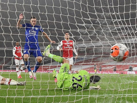 Leicester City's Jamie Vardy scores.