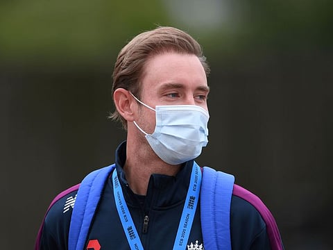 England fast bowler Stuart Board with a protective face mask during the rain delay for first day's play at Rose Bowl Cricket Stadium, Southampton. Broad was, however, left out of a home Test match for the first time since 2012.