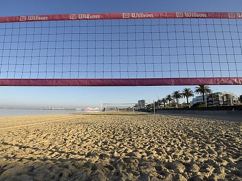 Beach volley ball nets line a deserted beach in the Albert Park suburb of Melbourne, Australia, on Thursday, Jul 9, 2020.