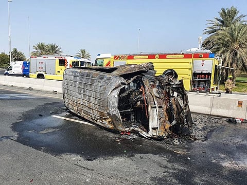 The bus after the crash on Sheikh Zayed Road that killed two and injured 12.