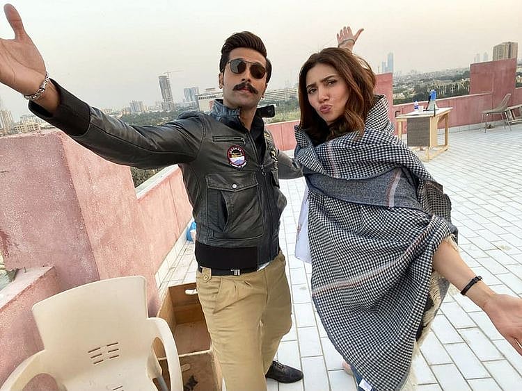 Mahira Khan and Fahad Mustafa in a BTS image of QUAID I AZAM ZINDABAD-1594623186579