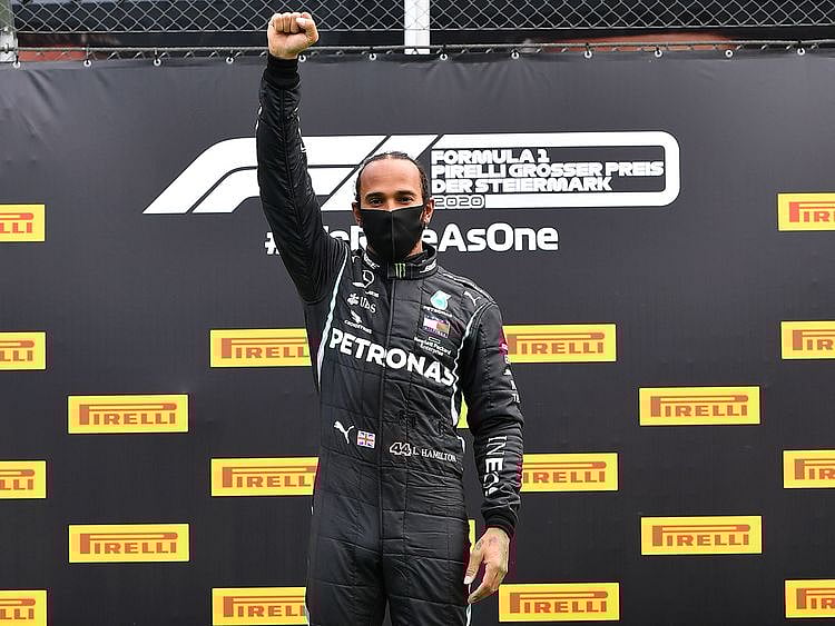 Lewis Hamilton on the podium after winning the Styrian Grand Prix