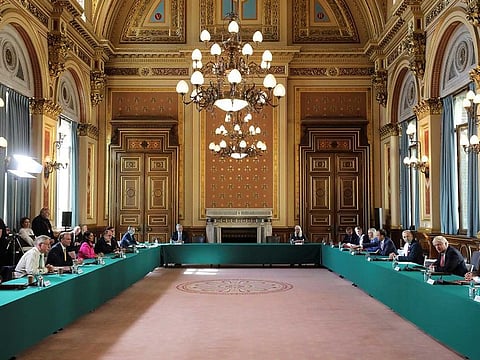 A general view of the first face-to-face Cabinet meeting since mid-March because of the coronavirus disease (COVID-19) pandemic at the Foreign and Commonwealth Office (FCO) in London, Britain, July 21, 2020. 