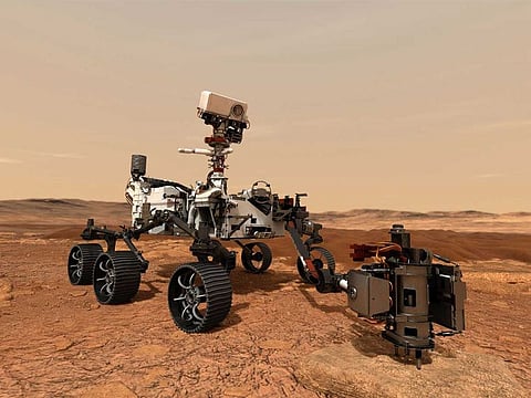 NASA's Mars 2020 rover as it uses its drill to core a rock sample on Mars.