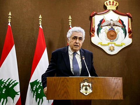 In this file photo taken on July 2, 2020, Lebanon's Foreign Nassif Hitti speaks during a joint press conference with his Jordanian counterpart in the capital Amman. 