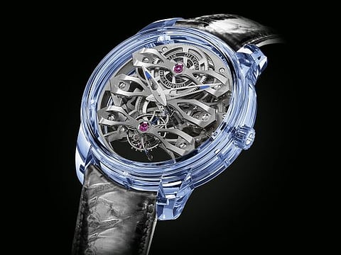 The new Quasar Azure has a translucent 46-mm case, carved out of a single block of blue-tinted sapphire.
