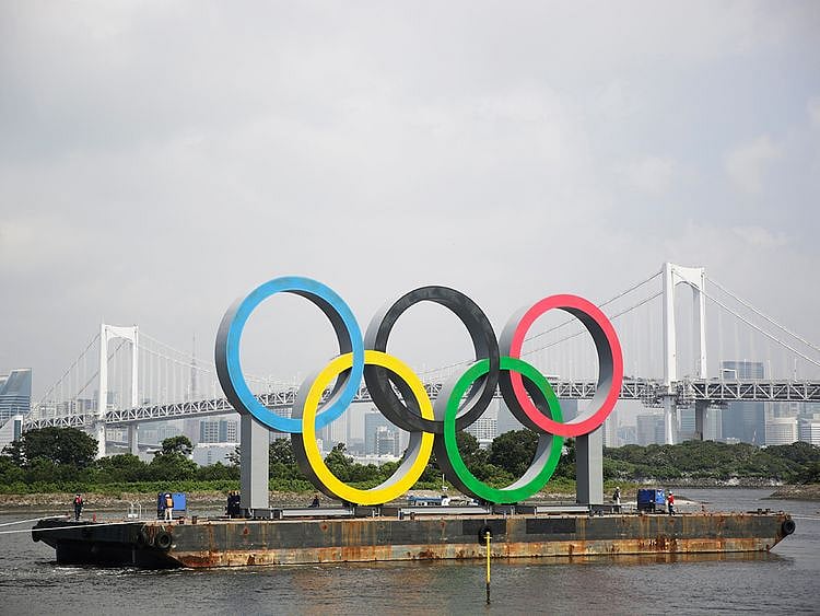 The Olympic rings in Tokyo Bay