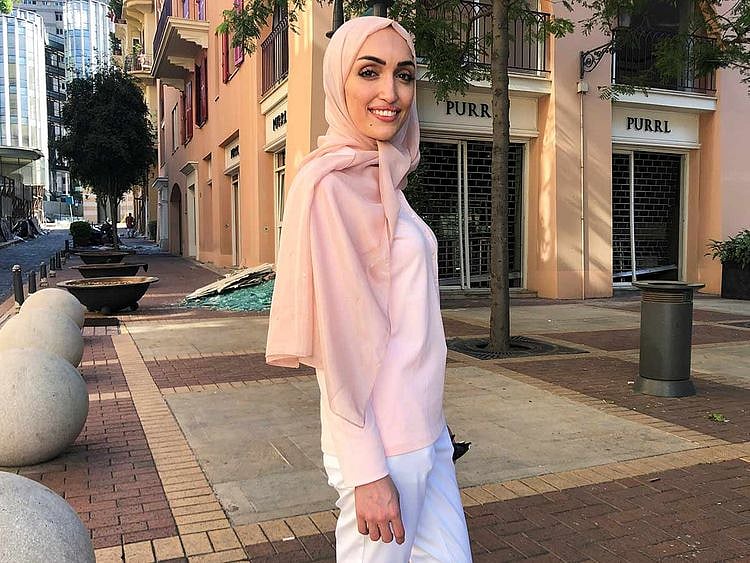 Bride Israa Seblani poses for a picture in the same place where she was taking her wedding photos at the moment of the explosion that occurred at Beirut's port area, in Beirut, Lebanon August 5, 2020. 