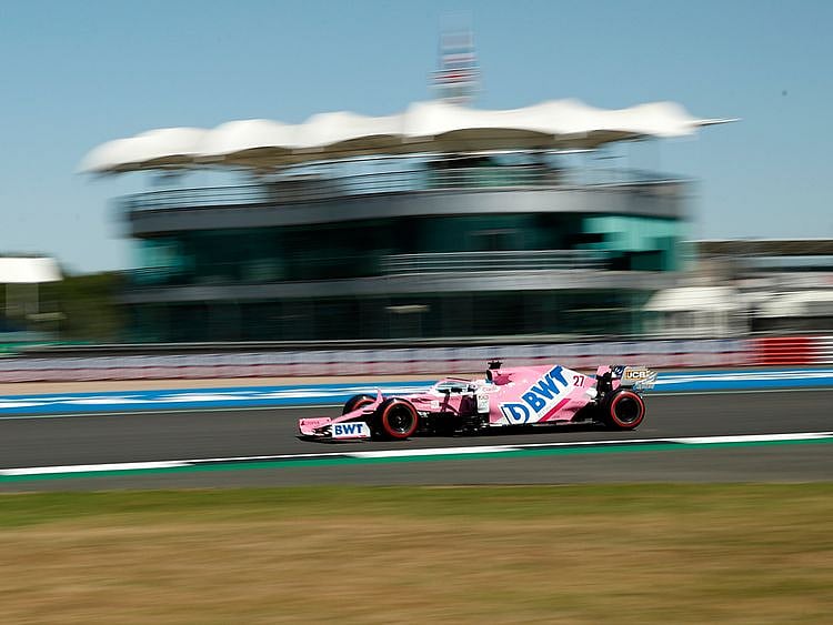 Racing Point driver Nico Hulkenberg of Germany steers his car during a practice session at the 70th Anniversary Formula One Grand Prix at the Silverstone circuit