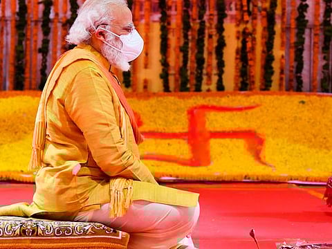 India's prime minister at the ground-breaking ceremony of Ram temple in Ayodhya where a 16th-century mosque was torn down in 1992, sparking riots that killed thousands 