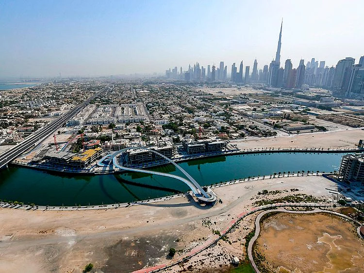 Stock aerial Dubai skyline