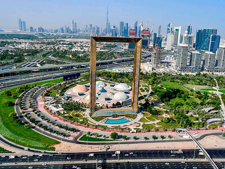 Stock aerial Dubai skyline