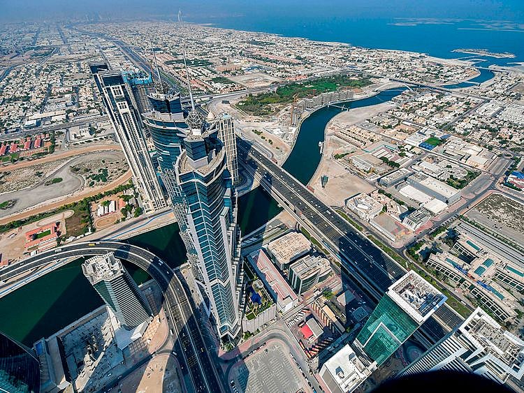 Stock aerial Dubai skyline