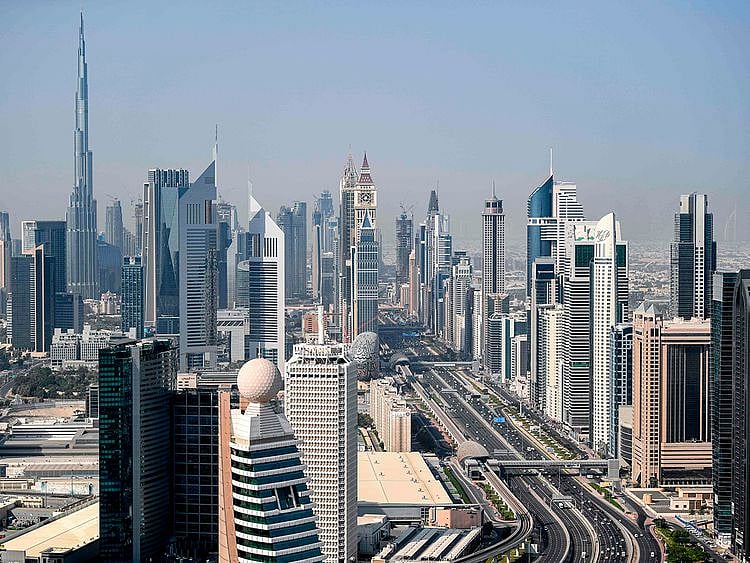 Stock aerial Dubai skyline