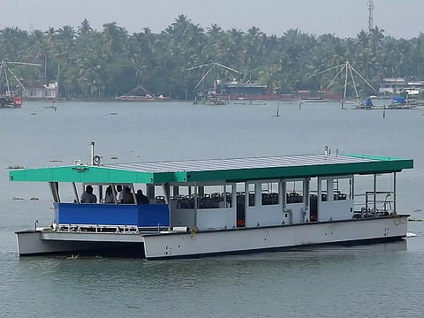 The Aditya, India's first solar-powered ferry, is pictured on Lake Vembanad in Kerala state, India, July 12, 2020. 