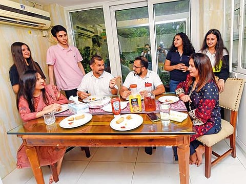 Salaria (fourth from left) with Madhu, Nirvair and Pehal and Mohammad (fourth from right) with Sobia, Aiza and Mishal in Dubai.