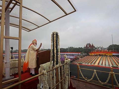 India's Prime Minister Narendra Modi addresses the nation on the occasion of 74th Independence Day from the Rampart of the Red Fort in New Delhi on August 15