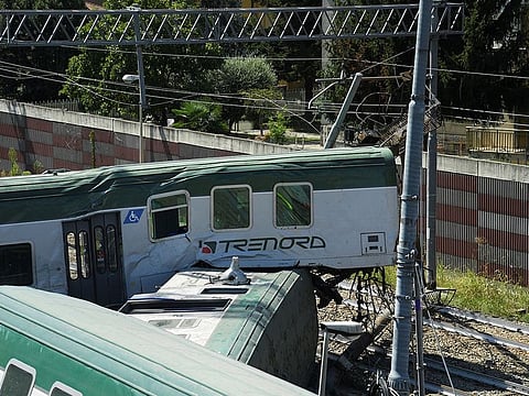 Train carriages are pictured at the scene where a train derailed in Carnate, Italy August 19, 2020. 