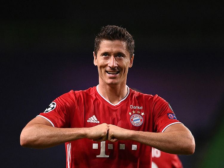 Bayern Munich's Robert Lewandowski celebrates against Lyon in the Champions League semi-finals