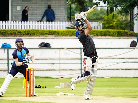 KL Rahul, captain of Kings XI Punjab, has a hit during a short camp in New Delhi ahead of their departure for the UAE. Three of the teams: Kings XI, Rajasthan Royals and Kolkata Knight Riders touched down in the UAE today.