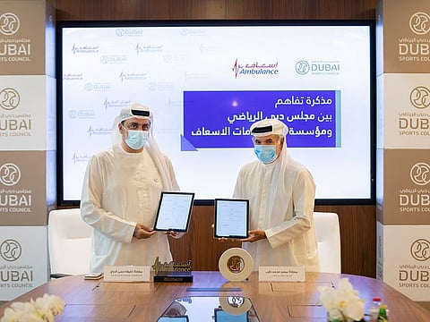 The Dubai Sports Council and Dubai Corporation for Ambulance Services have signed a Memorandum of Understanding which will see the two parties cooperate in sports events to ensure the safety and health of participants.
