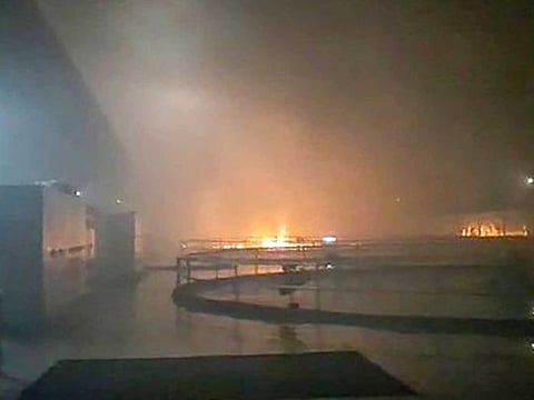 Smoke billows from a fire at Srisailam Left Bank Power Station (SLBP), in Kurnool district, Thursday night, Aug. 20, 2020. 
