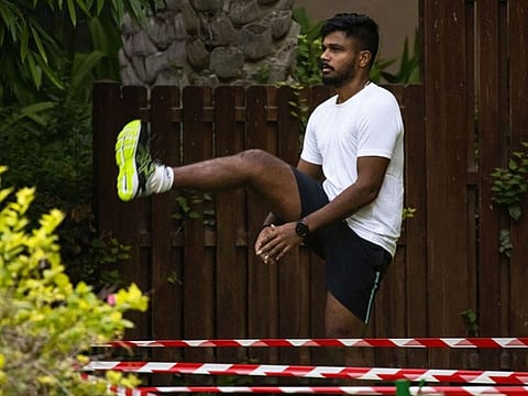 Sanju Samson, the wicketkeeper-batsman of Rajasthan Royals, stretches out during his six-day quarantine at the team hotel in Dubai. 