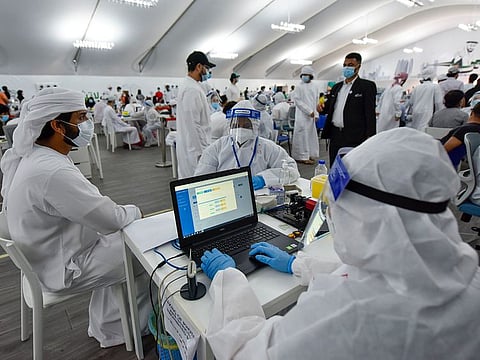 Screening centre at the Ghantoot Rapid testing facility on Dubai-Abu Dhabi border. The procedure, known as Diffractive Phase Interferometry, or DPI, uses lasers to identify Covid-19 infections in less then five minutes.
