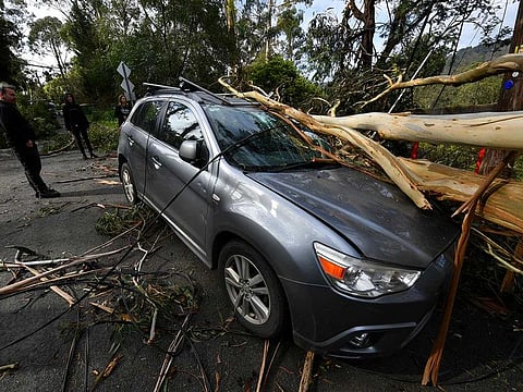 A fallen tree and power lines are seen on a damaged car following an overnight storm that killed three people in Melbourne, Australia, August 28, 2020. 