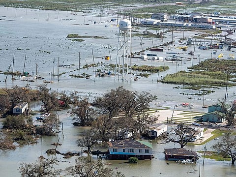 Water covers land after the passage of Hurricane Laura, Thursday Aug. 27, 2020, in Cameron, La.