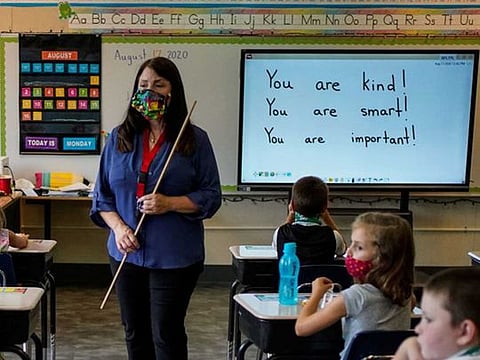 A second grade class at Weaverville Elementary School on the first day on returning to in-person instruction on August 17, 2020 in Weaverville, California. 