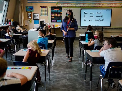 A second grade class at Weaverville Elementary School on the first day on returning to in-person instruction on August 17, 2020 in Weaverville, California. 