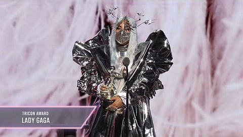 US singer-songwriter Lady Gaga accepting the TriCon Award during the 2020 MTV Video Music Awards