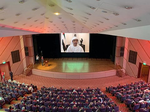 Sheikh Abdullah speaking to UAE Palestinians on Monday.