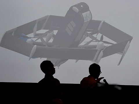 The new Amazon delivery drone is displayed on a screen during the Amazon Re:MARS conference on robotics and artificial intelligence in Las Vegas, Nevada.