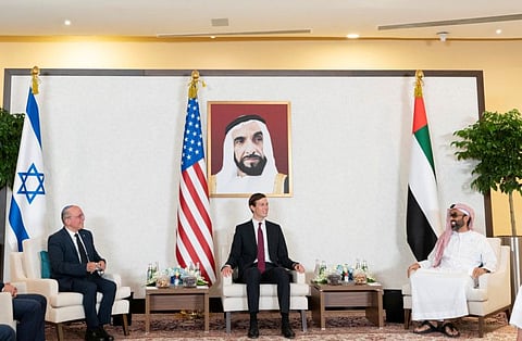  UAE's National Security Adviser Sheikh Tahnoun bin Zayed Al Nahyan, Israeli National Security Advisor Meir Ben-Shabbat, and US President's senior adviser Jared Kushner and hold a meeting in Abu Dhabi on August 31, 2020. 