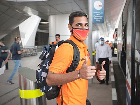 Bhubaneswar Kumar of Sunrisers Hyderabad on his arrival at Dubai airport last month.