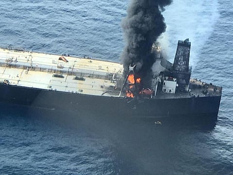The New Diamond, a very large crude carrier (VLCC) chartered by Indian Oil Corp (IOC), that was carrying the equivalent of about 2 million barrels of oil, is seen after a fire broke out off east coast of Sri Lanka September 3, 2020.