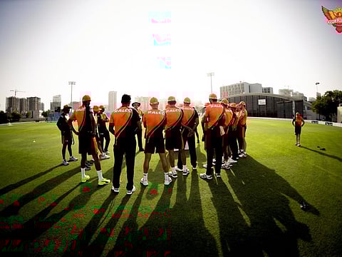 Sunrisers Hyderabad players get a pep talk during training in the UAE.