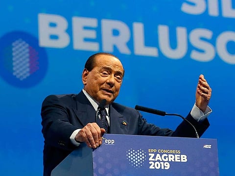 In this Nov. 21, 2019 file photo, Silvio Berlusconi, Italian former Premier and President of Forza Italia (Go Italy) party speaks during the European Peoples Party (EPP) congress in Zagreb, Croatia. Berlusconi was admitted to a Milan hospital early Friday as a precaution to monitor his coronavirus infection after testing positive for COVID-19 earlier in the week. 