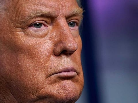 US President Donald Trump listens during a news conference in the James Brady Press Briefing Room at the White House on Sept. 4, 2020, in Washington.