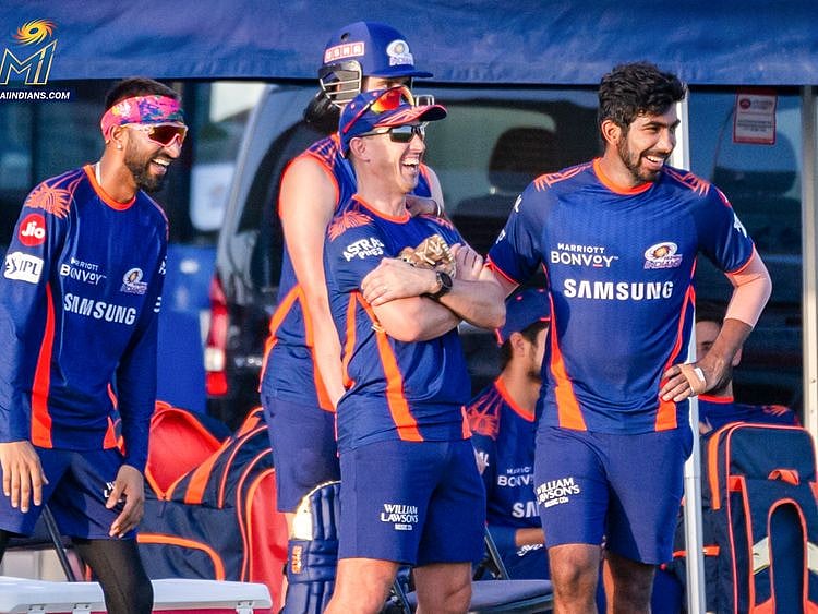 Mumbai Indians share a laugh during training in the UAE