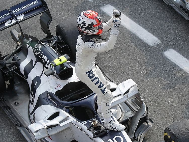 Pierre Gasly celebrates victory at the Italian Grand Prix at Monza.