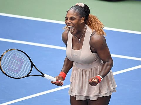Serena Williams celebrates after match point against Maria Sakkari of Greece (not pictured) to reach quarter finals of the 2020 US Open at USTA Billie Jean King National Tennis Center on Monday. 