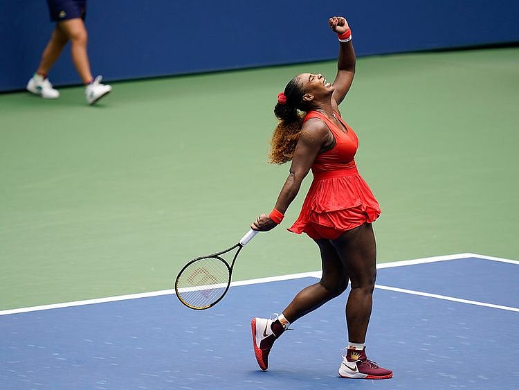 Serena Williamscelebrates during her match against Tsvetana Pironkovain the quarter-finals of the US Open.