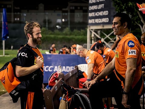 Kane Williamson being greeted by their batting mentor VVS Laxman as he arrives for first training training session after completing his six-day quarantine in Dubai.
