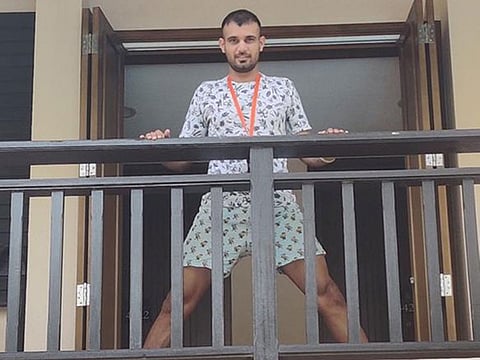 Siddarth Kaul on the balcony of his hotel room in Dubai 