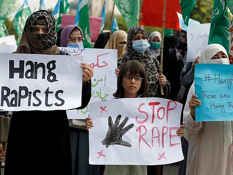 People take part in a demonstration to condemn the incident of rape on a deserted highway, in Islamabad, Pakistan, Friday, Sept. 11, 2020