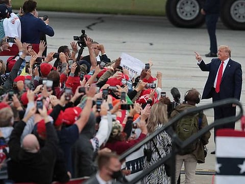 US President Donald Trump arrives for a rally on September 10, 2020 in Freeland, Michigan. 